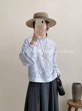 蓝色提花日系甜美高智感百搭休闲宽松显瘦气质半高领灯笼袖衬衫女