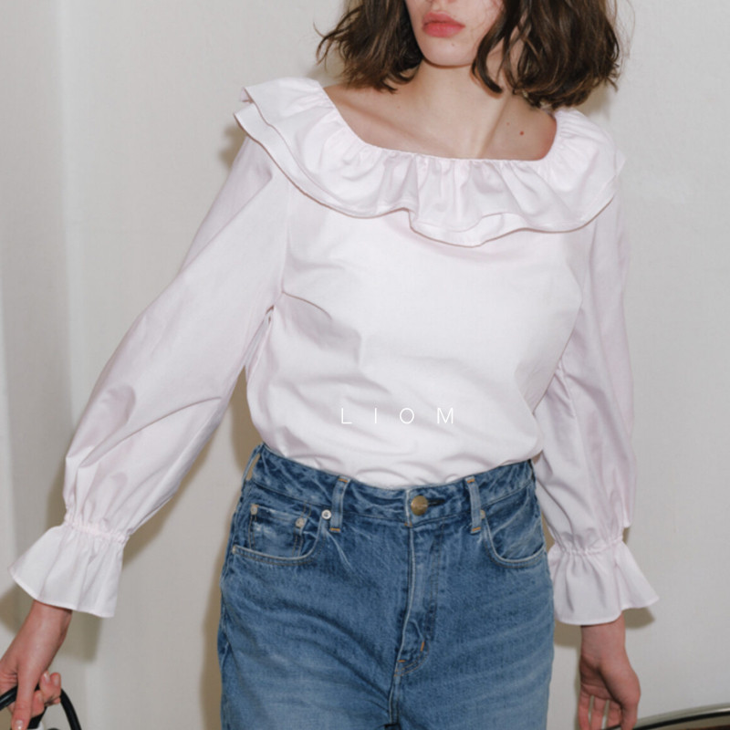 2025新款日系小众简约通勤设计感复古荷叶边领喇叭袖衬衫女上衣,女装/女士精品,衬衫,淘宝优惠券,粉丝福利购,淘宝优惠卷