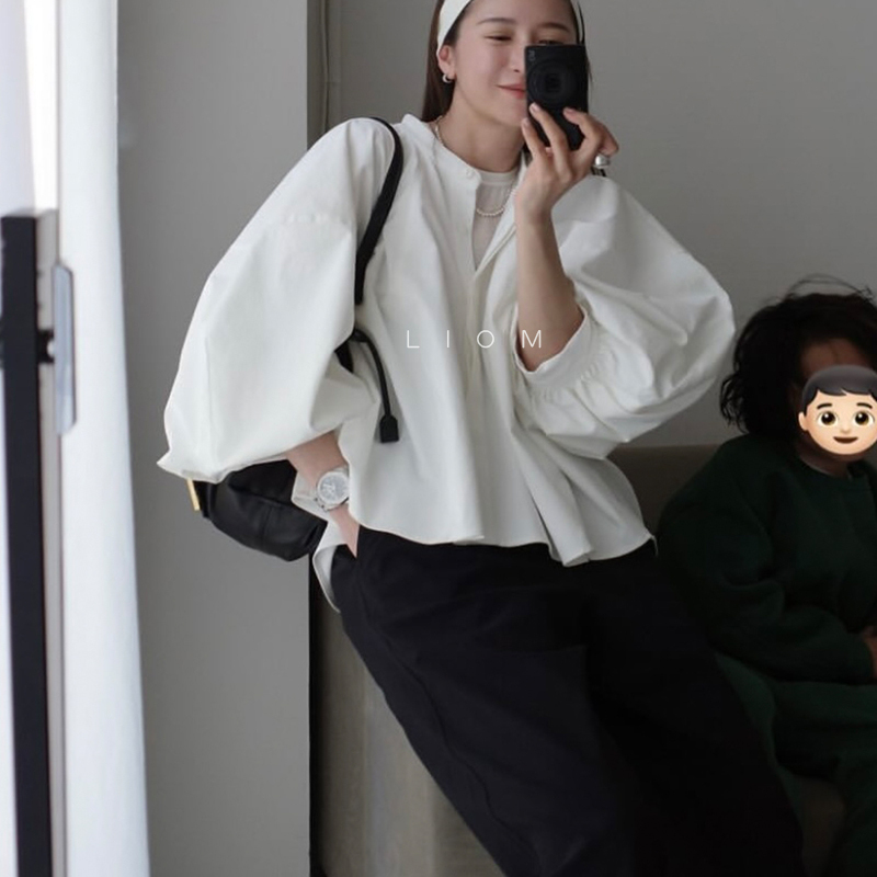 松本圆领宽松灯笼袖衬衫女