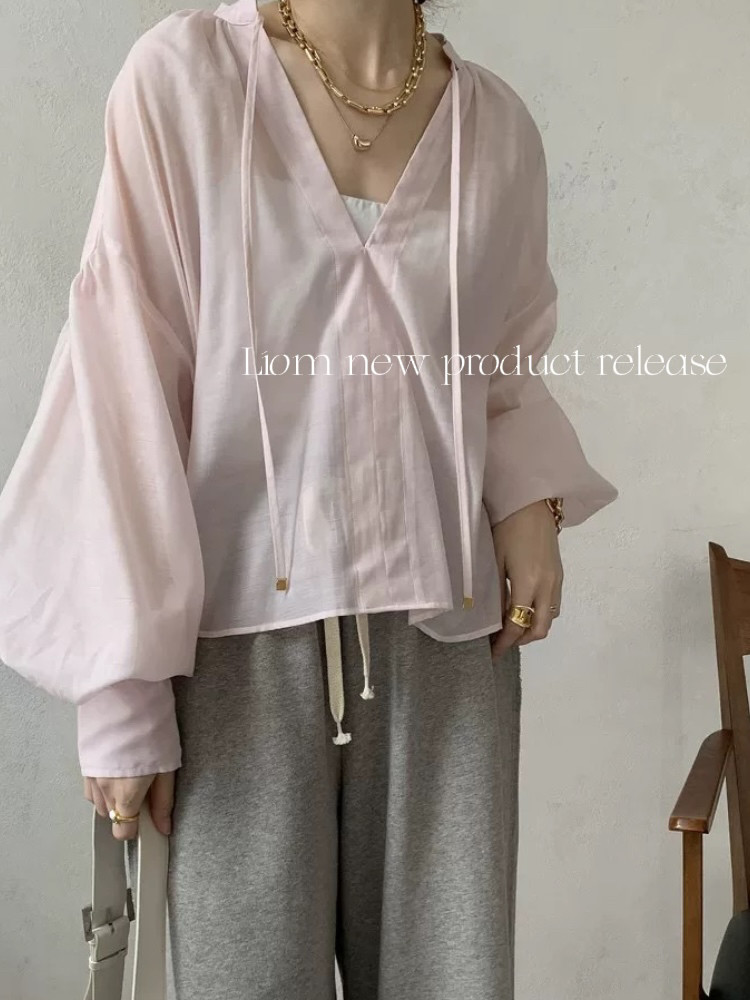 26夏季新品日系小众微透甜美灯笼袖系带宽松显瘦V领长袖衬衫女
