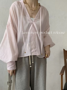 衬衫 25夏季 系带宽松显瘦V领长袖 新品 女 日系小众微透甜美灯笼袖
