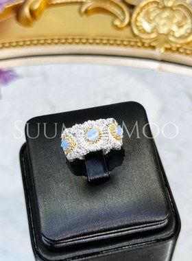 铜合金合成锆石戒指 时尚轻奢雏菊戒指 蓝色粉色复古布布风戒指