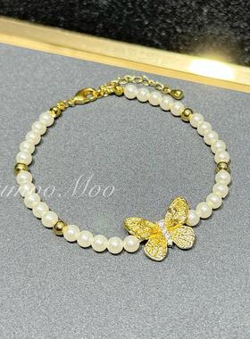 铜合金珍珠手链 法式珠珠蝴蝶吊坠手链气质白色轻奢