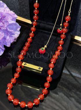 铜合金合成锆石项链 新中式国风红色珠珠项链