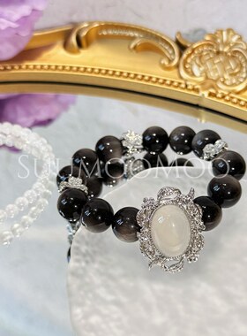 铜合金合成锆石手链 时尚黑色珠珠间满钻三花手链 送小手串