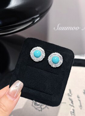 铜合金合成锆石耳饰 法式时尚圆形蓝色蛋面耳环