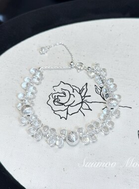 铜合金合成锆石手链 时尚碎冰冰透明花瓣拉丝银珠手链