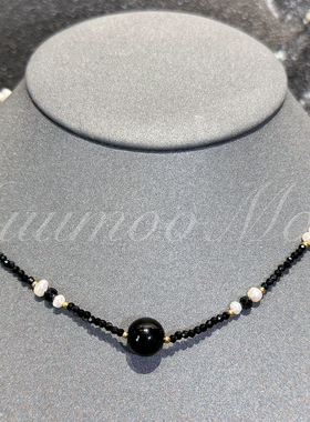 铜合金合成锆石项链 时尚黑色碎石间白色珠珠项链