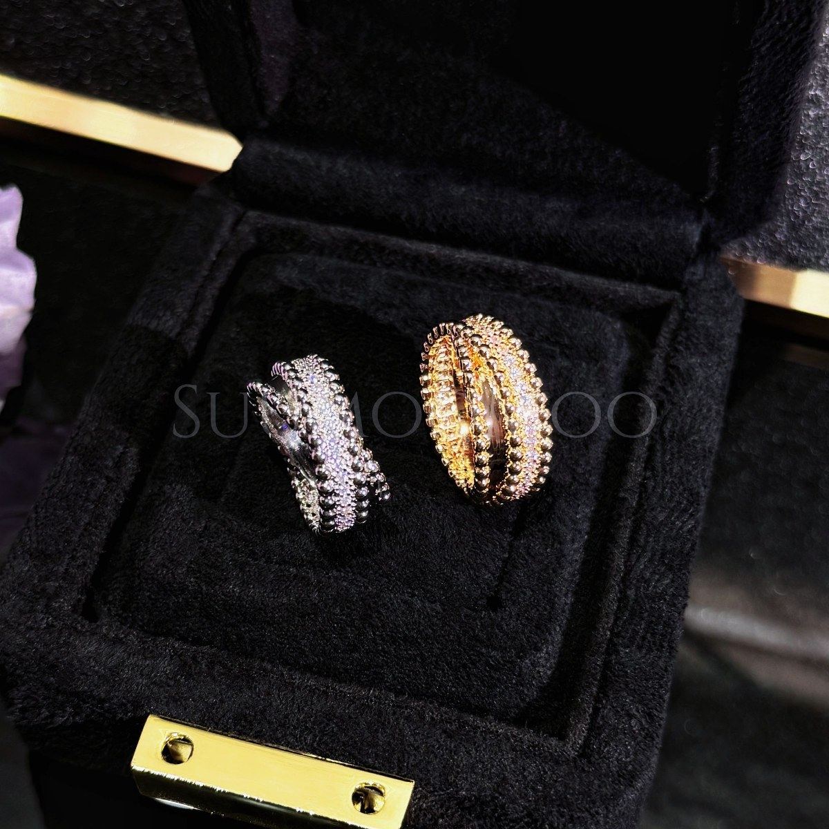 铜合金合成锆石戒指 法式时尚圆珠满钻交叉戒指