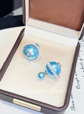 铜合金合成锆石耳饰 法式时尚大颗蓝色大小珠珠耳环 气质耳饰