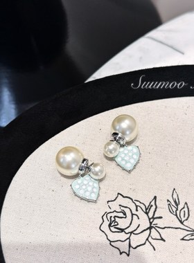 铜合金合成锆石耳饰 时尚大珠淡蓝色爱心耳环