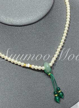 铜合金珍珠项链 玉韵东方·绿意绽放新中式白色珠珠绿髓吊坠项链