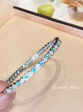 铜合金合成锆石手镯 法式轻奢蜂巢薄荷蓝色间钻高级感手镯