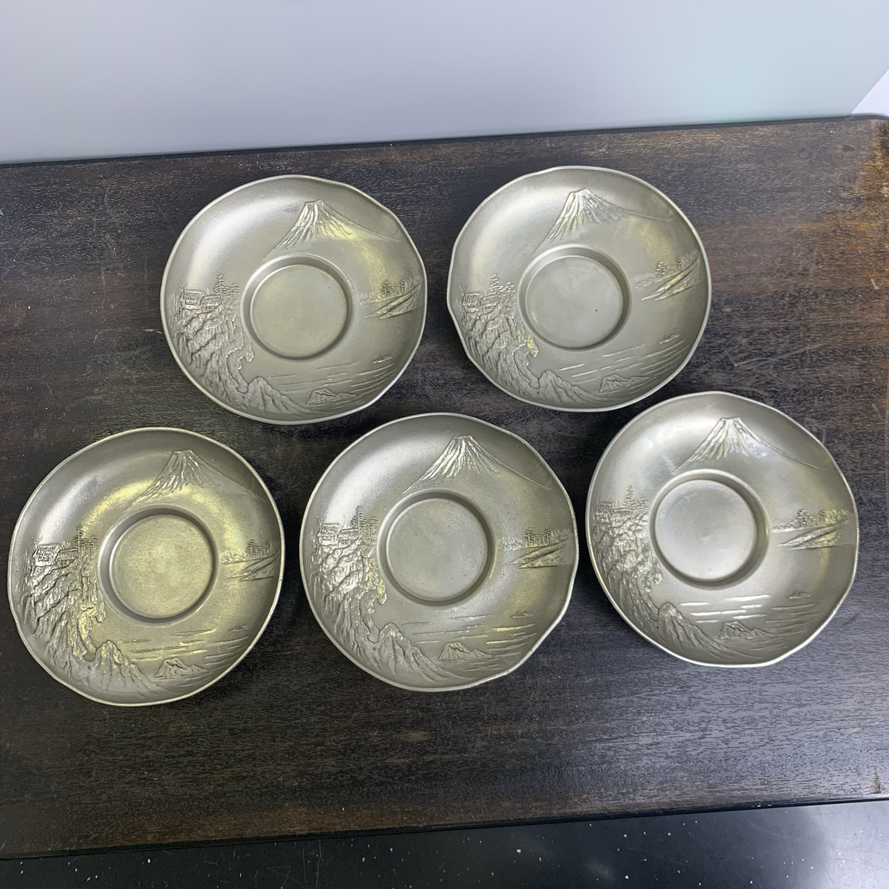 日本纯锡浮雕茶托杯托 五个 昇峰造 茶亦居日本古美术SPS​