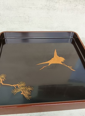 轮岛塗金莳绘漆器托盘茶盘 松鹤纹 木胎 茶亦居日本古美术L6 JL-1