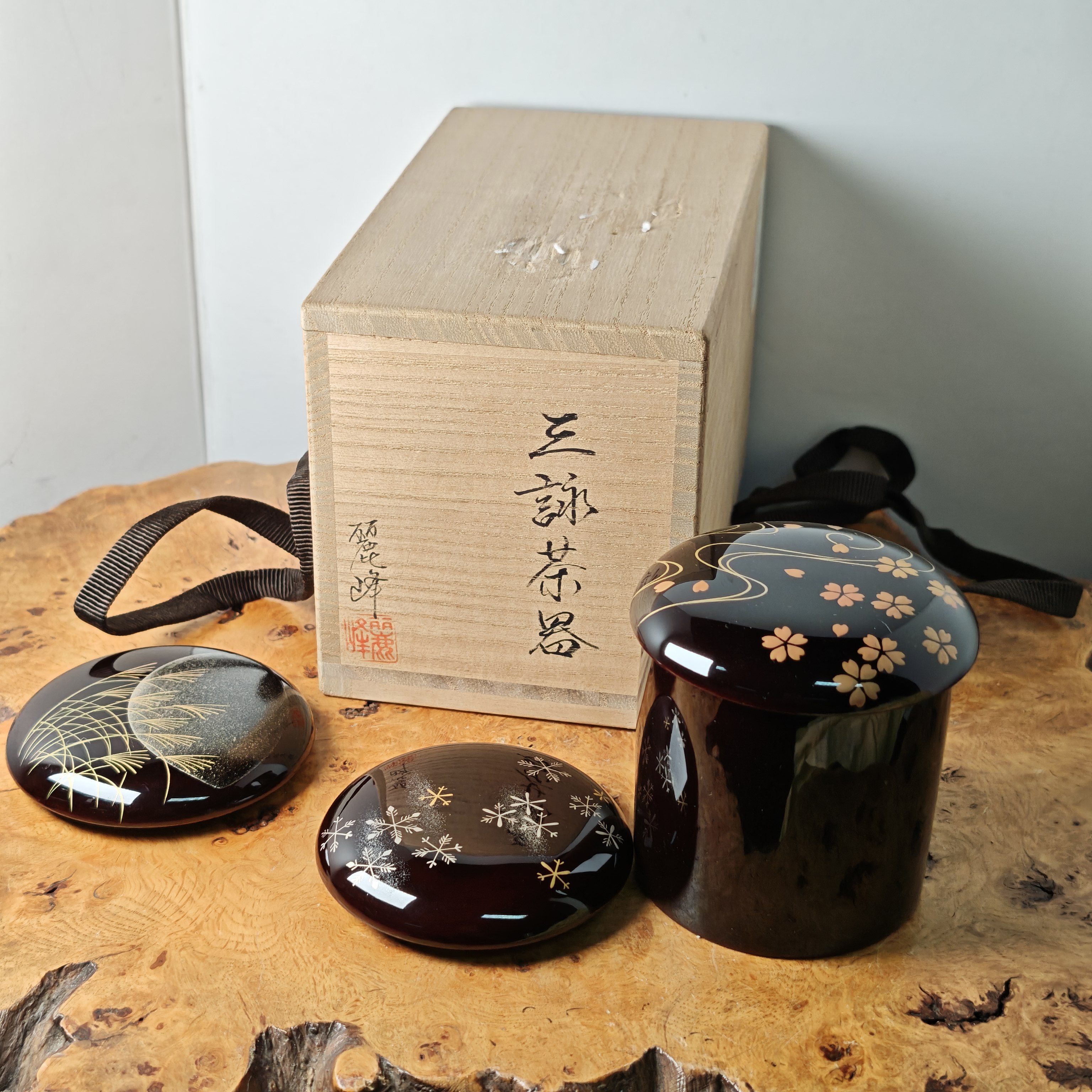 塗师佐佐木丽峰 三咏漆器茶枣茶叶罐 三盖 木盒装 精品漆器BJ5