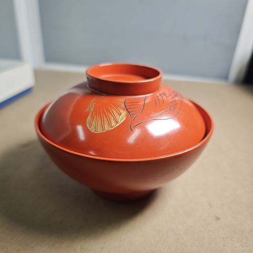 轮岛塗朱漆沈金工艺漆器盖碗吸物碗 木胎手刻 茶亦居日本古美术F2