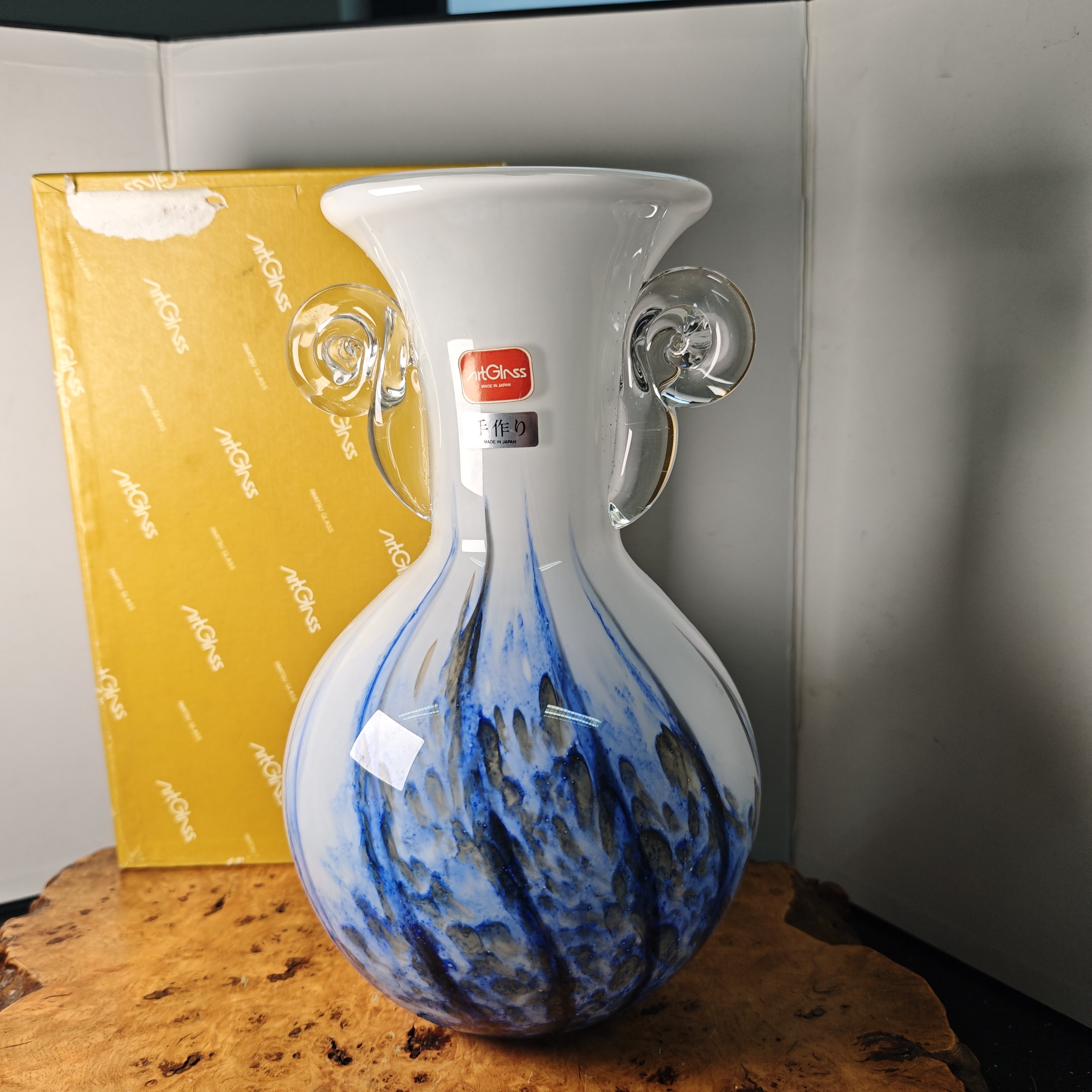 日本ArtGlass手作琉璃玻璃双耳花瓶 蓝色流纹 纸盒装CYS