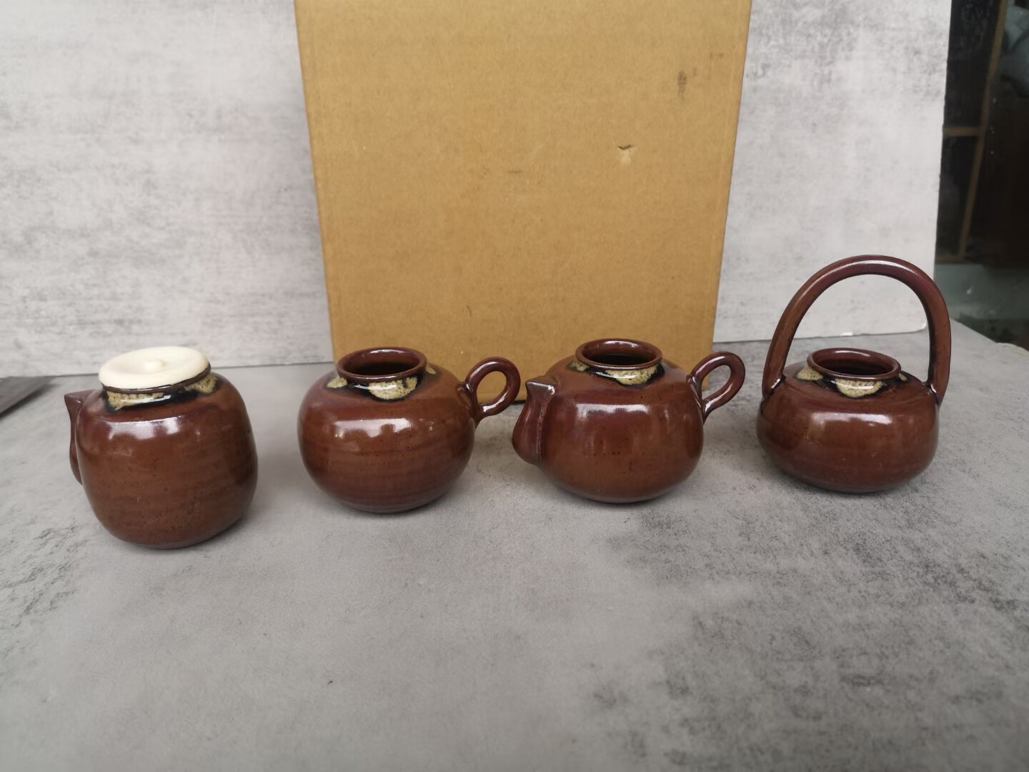 濑户烧四滴茶入 宇田佐平作 茶道用茶叶罐 四个纸盒装 塑料盖W2