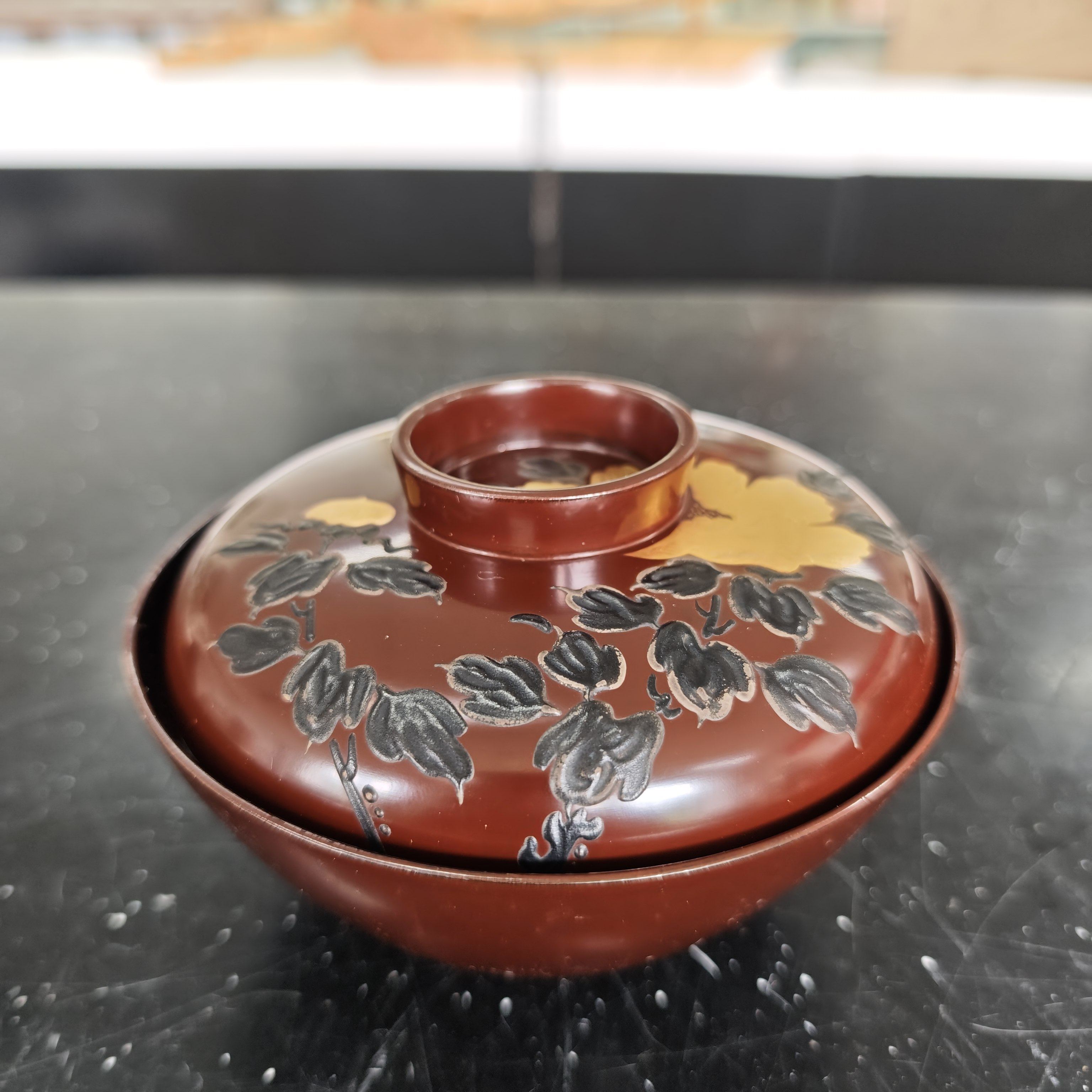 日本堆漆金莳绘漆器盖碗吸物碗 木胎 花蝶纹 茶亦居日本古美术F0