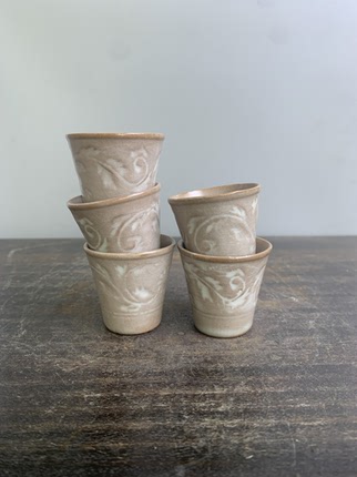 萩烧刻花小茶杯酒杯 五个一组 茶亦居日本古美术SPS6-1