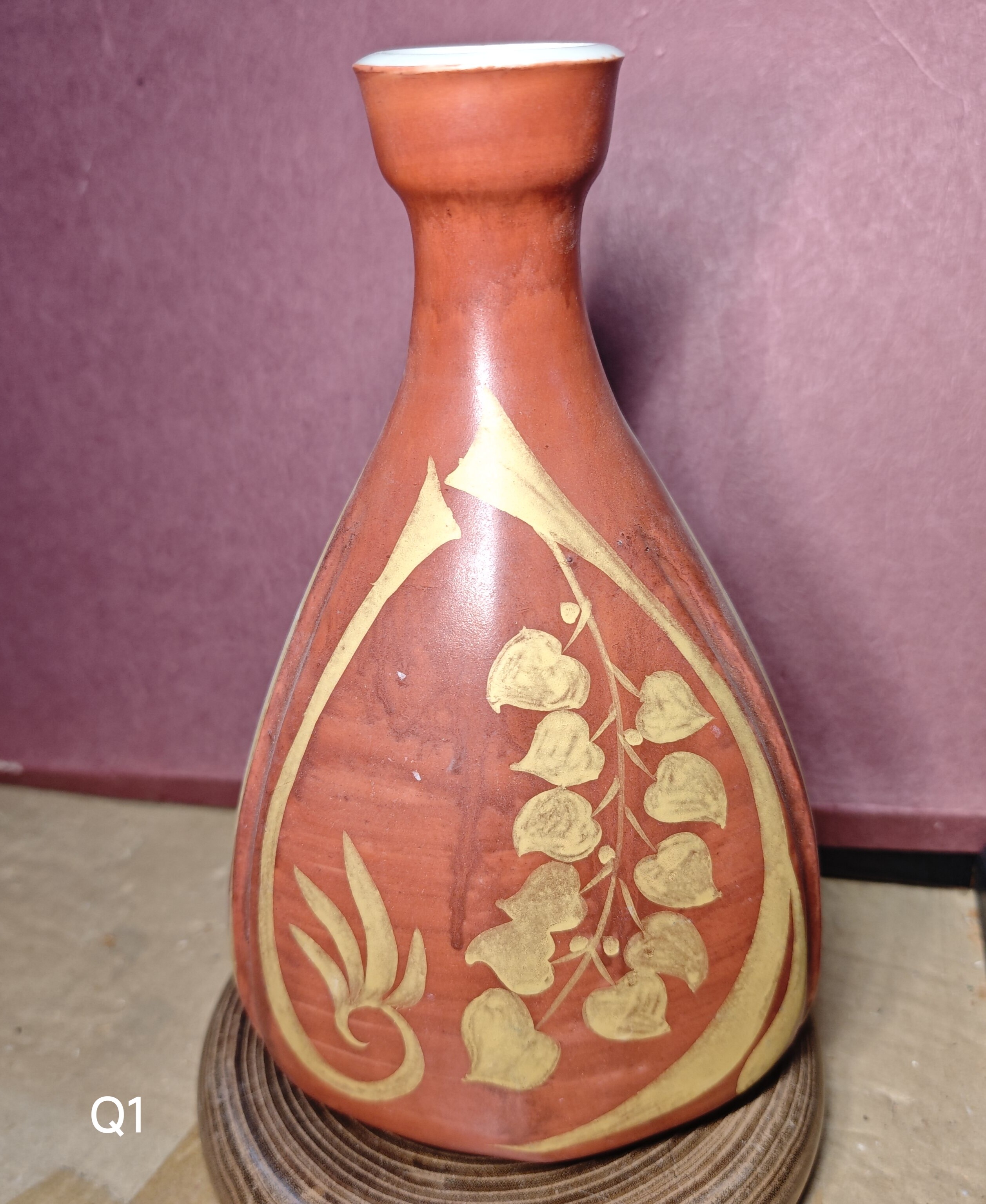 九谷烧赤釉描金花瓶花器 松本佐一作 手绘 茶亦居日本古美术Q1