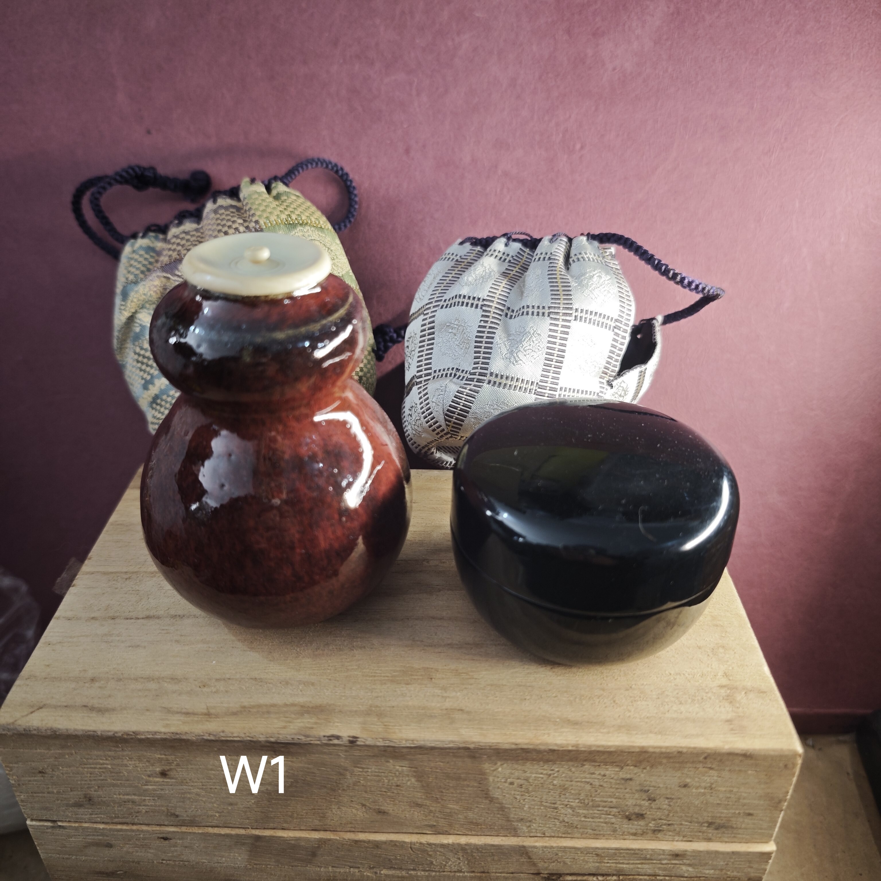 茶叶罐组合 木胎漆器茶枣 铁釉茶入 高盖 带仕覆 一对木盒装W1