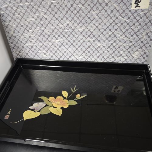 日本金莳绘木胎漆器大托盘茶盘 长方形 纸盒包装F5
