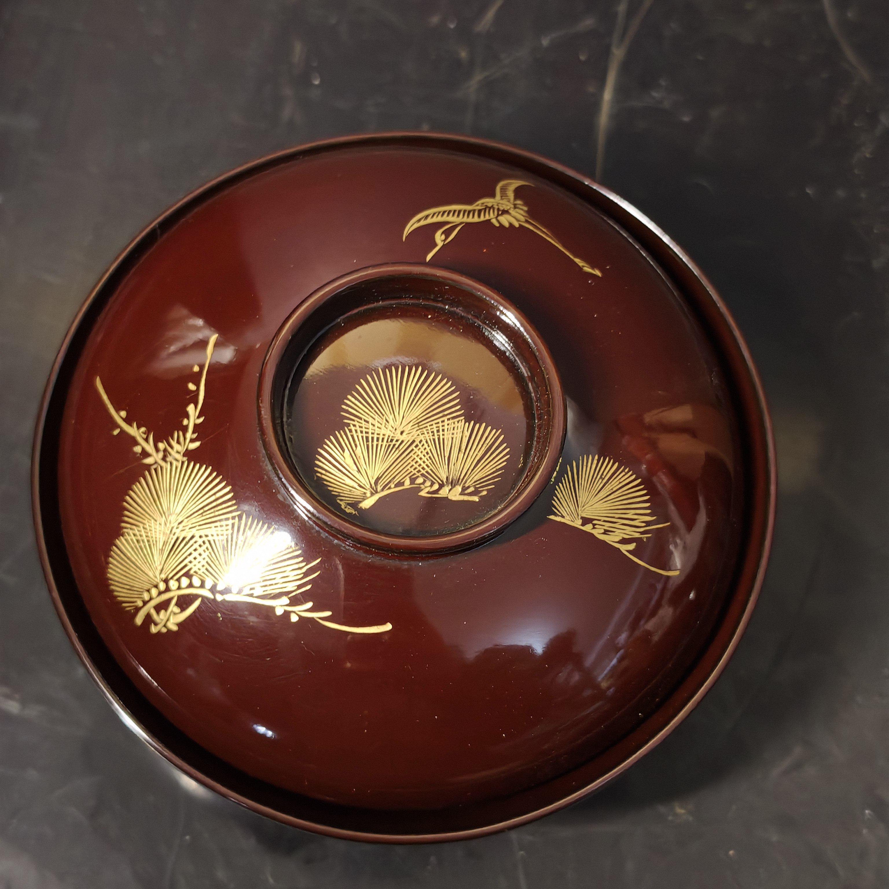 轮岛塗沈金工艺栗色漆器盖碗吸物碗 松鹤 木胎茶亦居日本古美术W2