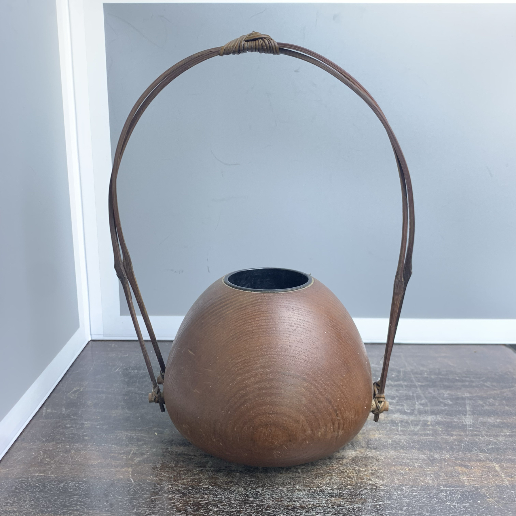 日本实木一木挖提梁花瓶花器 老货 有使用痕迹包浆 茶亦居SPS5-1