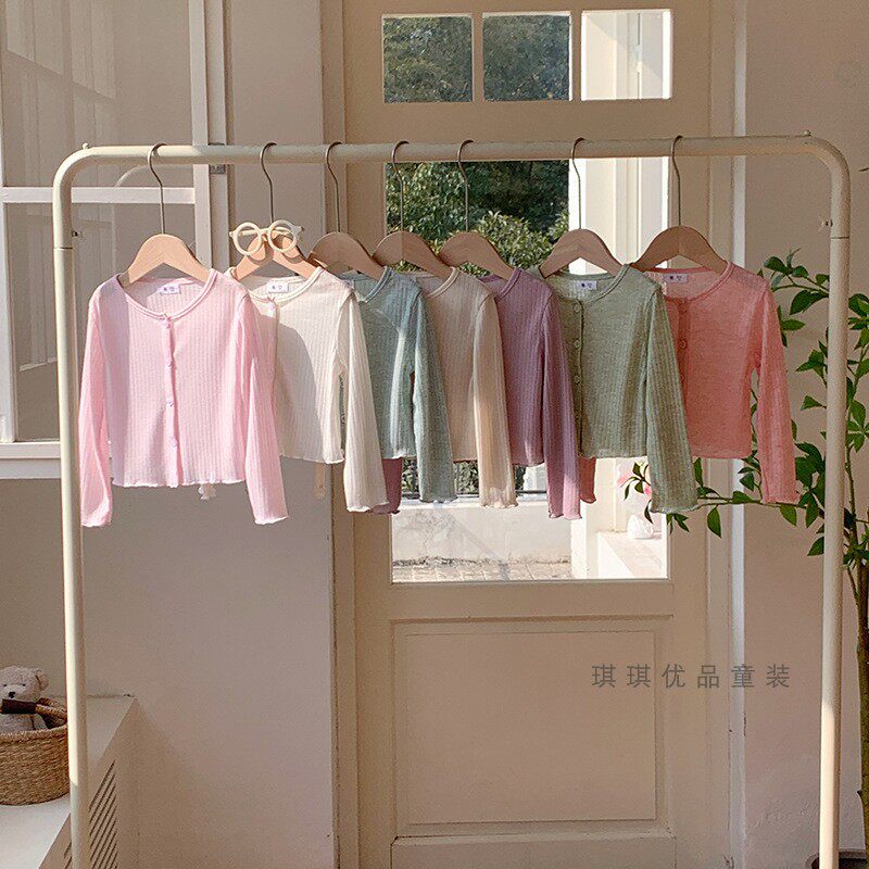 春夏女童坑条针织开衫儿童宝宝糖果色空调衫薄款长袖防晒衣薄外套