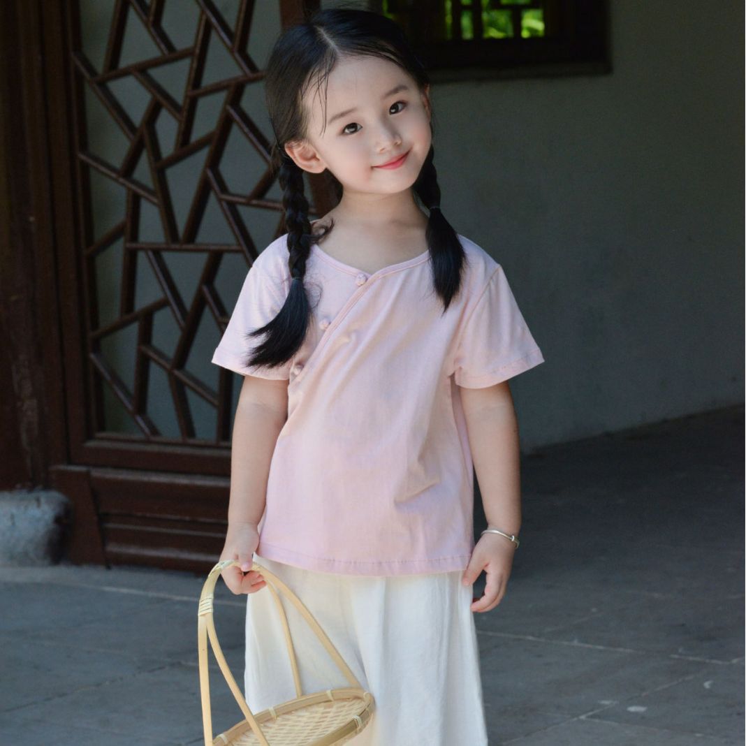 中国风女童夏季棉麻唐装短袖T恤小女孩复古盘扣亲子汉服旗袍上衣T
