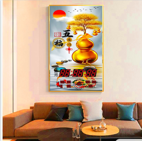 客厅装饰画玄关挂画挂钟客厅财神新款创意万年历电子钟智能24节气
