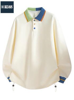 稻皓卫衣男女美式复古撞色拼接百搭翻领长袖T恤男春秋款潮牌宽松