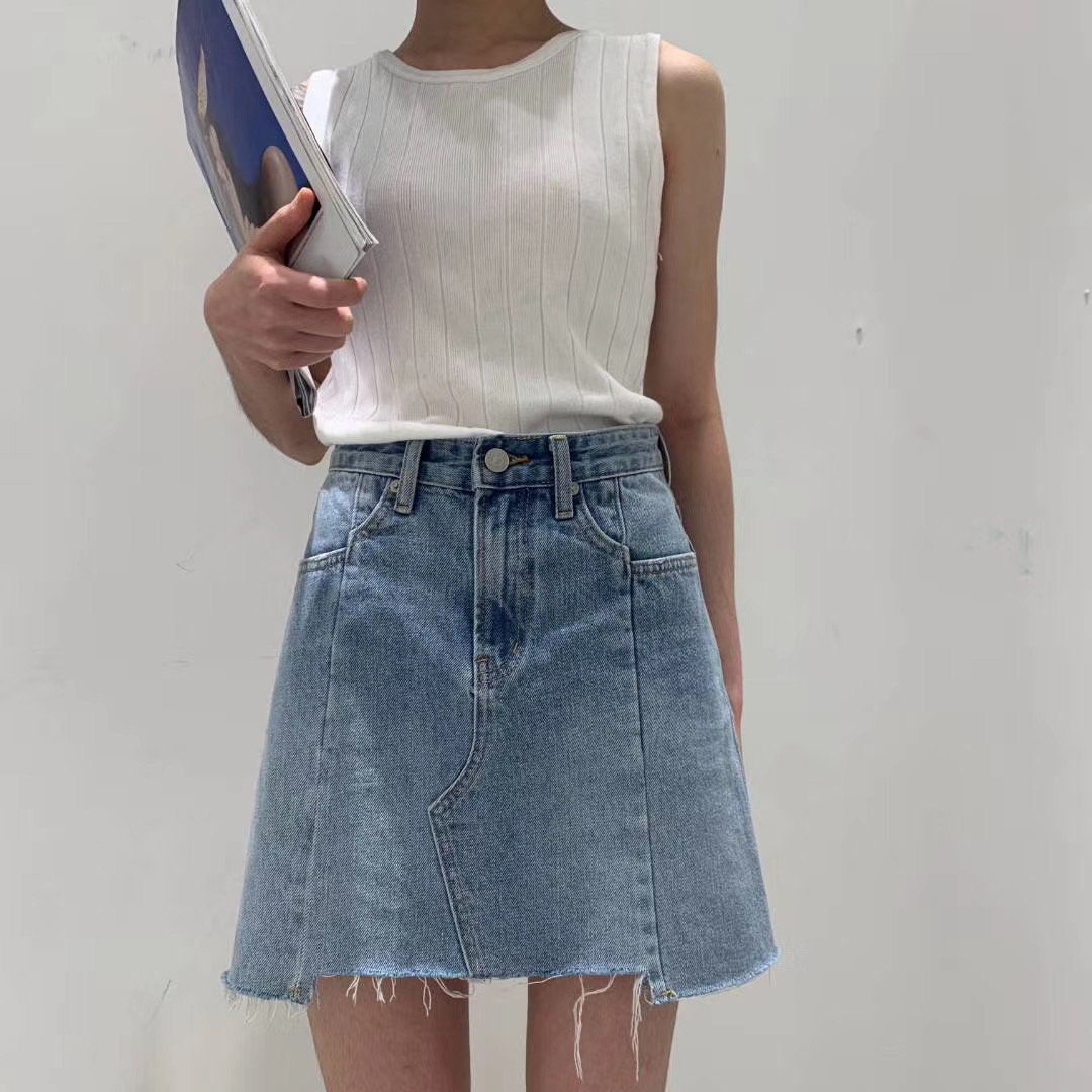 babo巴布年夏新款牛仔短裙不规则毛边浅蓝色薄款半身裙女8670