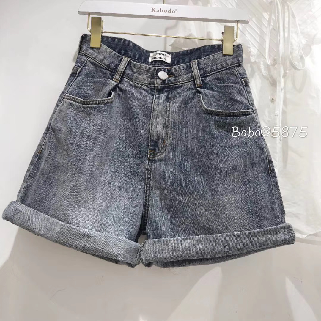 babo巴布牛仔裤春夏新品复古显瘦高腰卷边4分裤A字短裤女5875