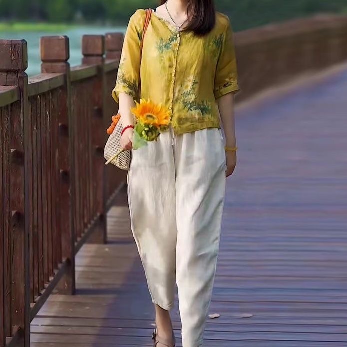 夏季棉麻套装女2025新款宽松显瘦百搭印花五分袖上衣哈伦裤两件套