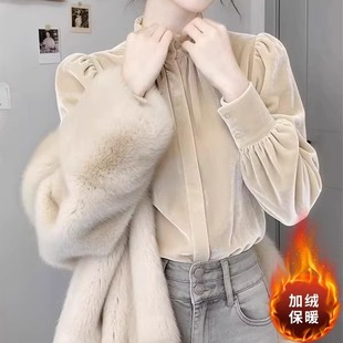 2026秋冬法式温柔风衬衫加绒泡泡袖木耳边立领长袖显瘦开衫上衣