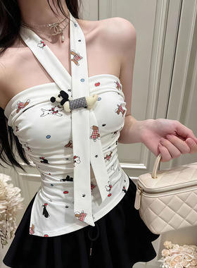 夏季卡通印花拼接围脖抹胸背心女