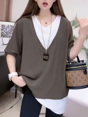 通勤春秋款打底衫假两件V领胖mm
