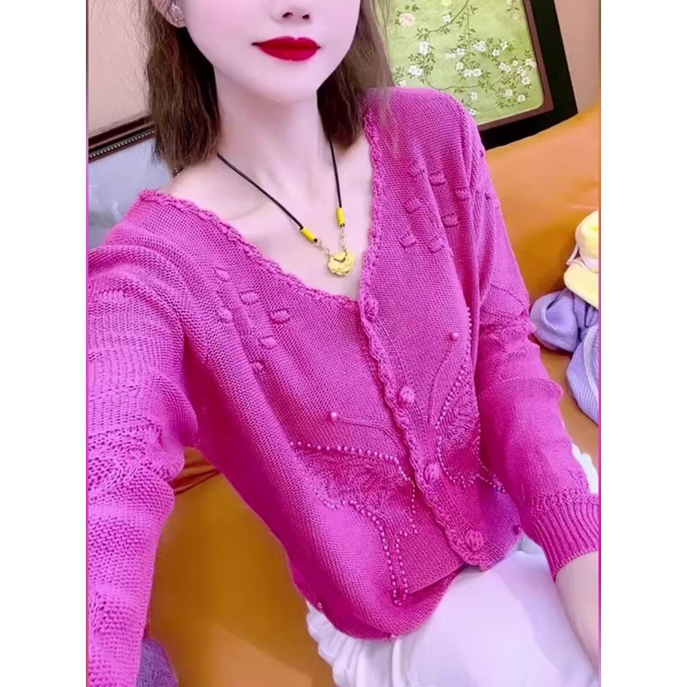 V领长袖针织衫开衫外套女短款