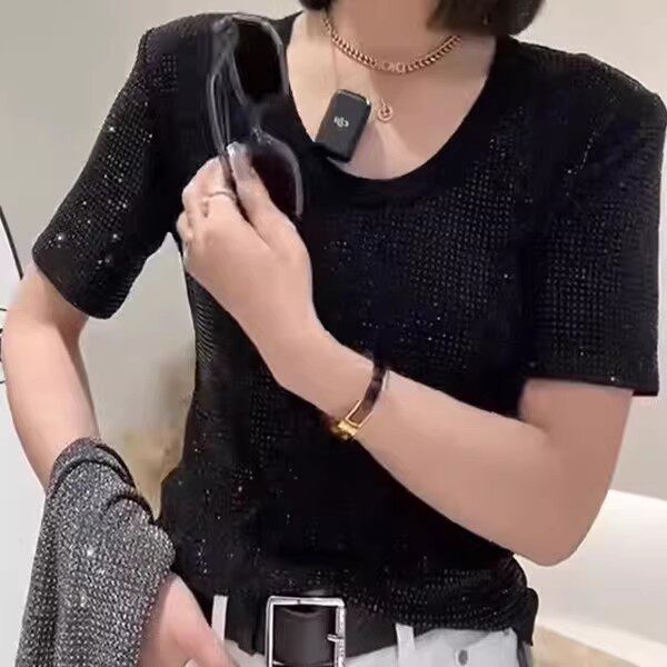 新款遮肉中年夏季T恤衫韩版网红重工满钻短袖女衫设计感百搭打底