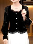 收腰显瘦气质衬衣黑色短款 木耳边网纱法式 新款 女2026春装 上衣 衬衫