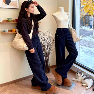 宽松加厚保暖条绒阔腿裤 高腰直筒裤 子女2026秋冬新款 加绒灯芯绒裤