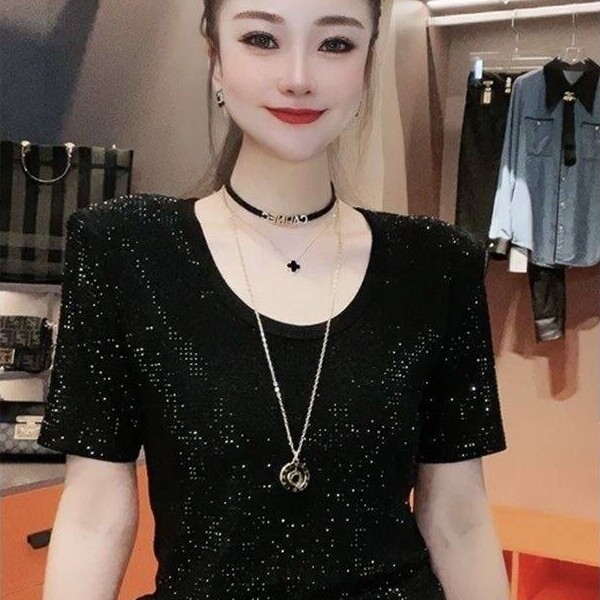 春夏新款重工大码装短袖T恤亮钻修身显瘦胖妹妹圆领短袖烫钻上衣