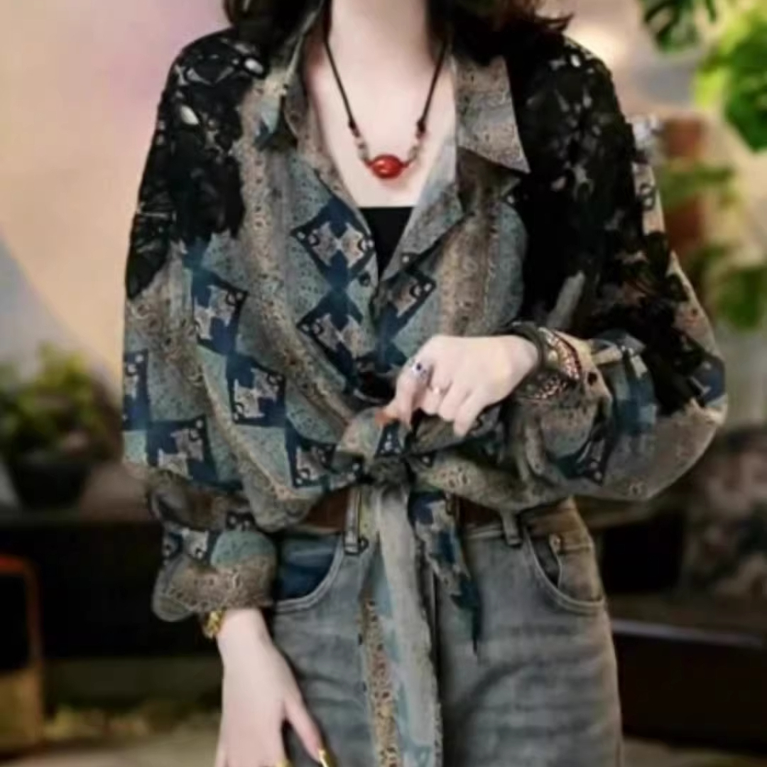 大码女装复古民族风印花衬衫