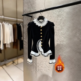 2026新年法式立领荷叶边衬衫女长袖蕾丝拼接撞色轻熟加绒保暖上衣