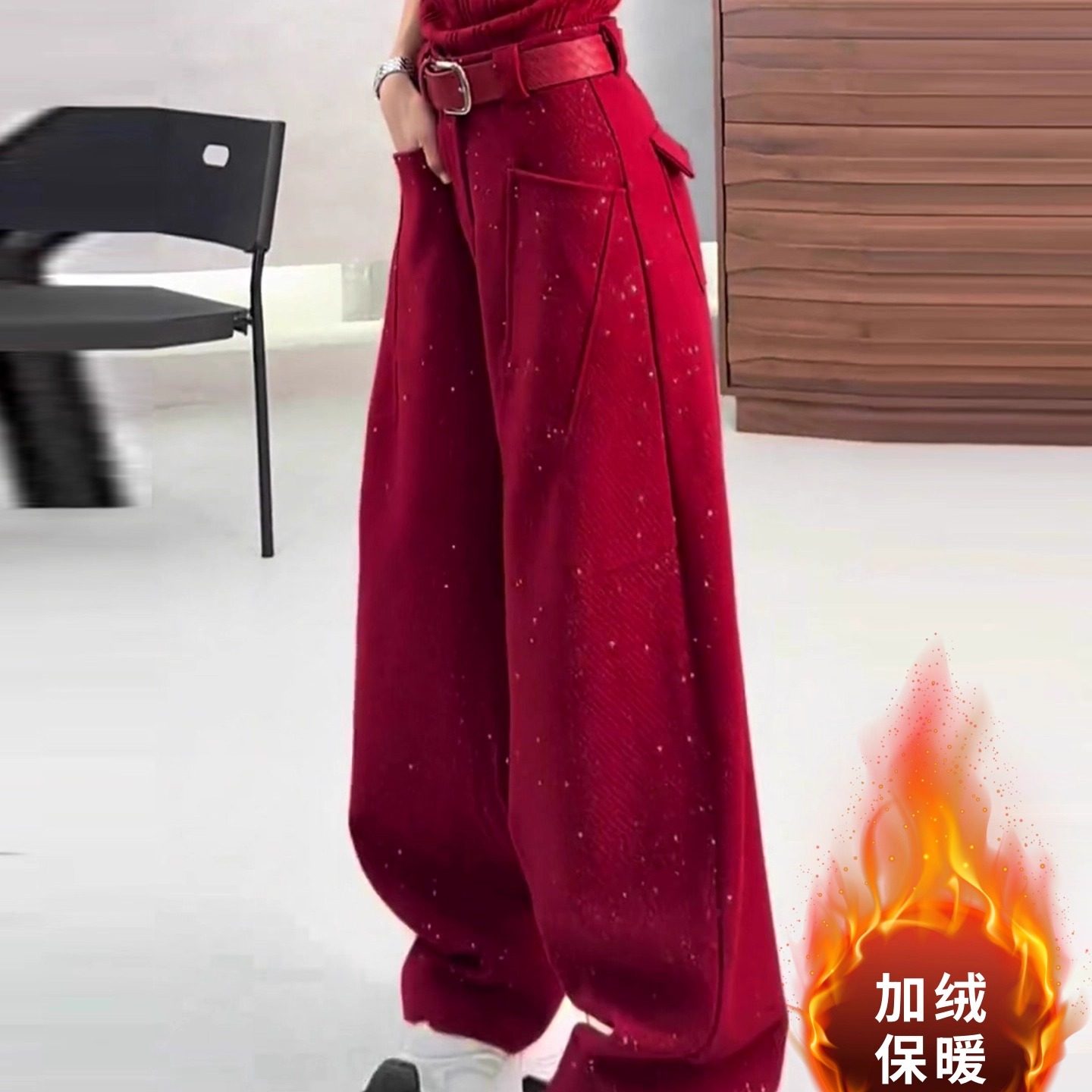 大码高腰弯刀阔腿裤红色图片