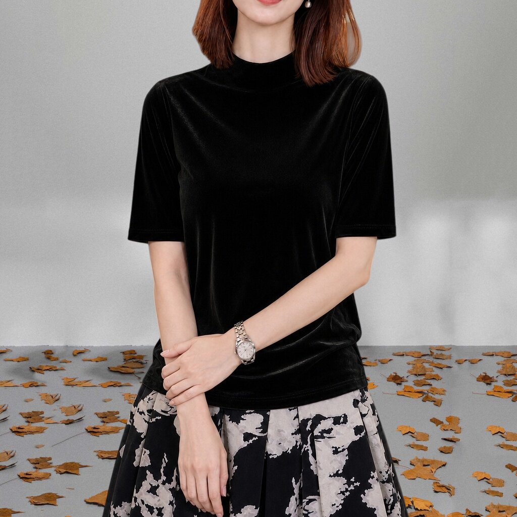 大码胖mm复古立领中袖打底衫女2026春秋薄款设计感金丝绒黑色上衣