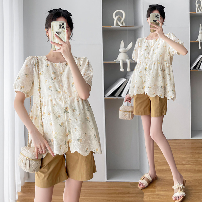 MATERNITY SUMMER SUIT THIN CASUAL OUTING PANTS SUMMER LACE SHORT SLEEVE SUMMER TOP PRENATAL CHECKUP TWO-PIECE SET